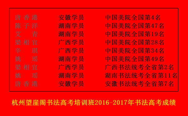 杭州望崖阁书法高考培训班2016-2017届书法考试成绩